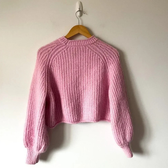 Zara Purl Knit Crop  Wool Alpaca Balloon Sleeve Knit Sweater Light Pink Sz Small - Picture 8 of 10